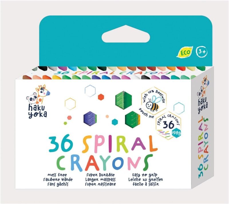 Haku Yoka Spiral Crayons, 24 Colours, Mess Free, Super Durable and Easy to Grip Crayons for Ages 2 years+, Natural Beeswax & Organic Mineral Coloured Crayon