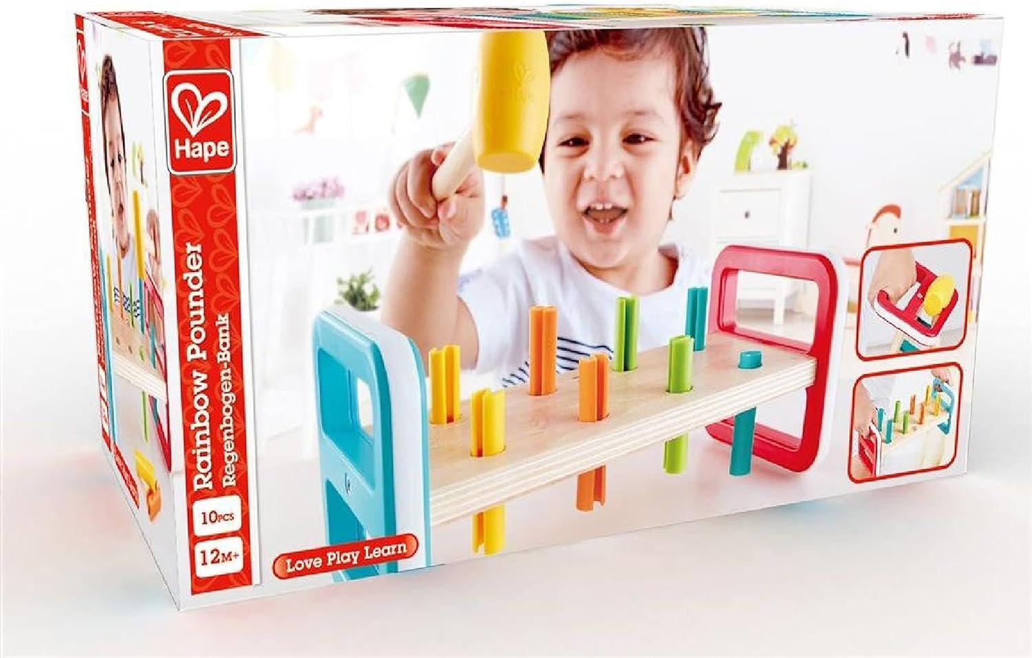 Hape Rainbow Pounder| Pounding Bench Wooden Toy with Hammer, Multicolor