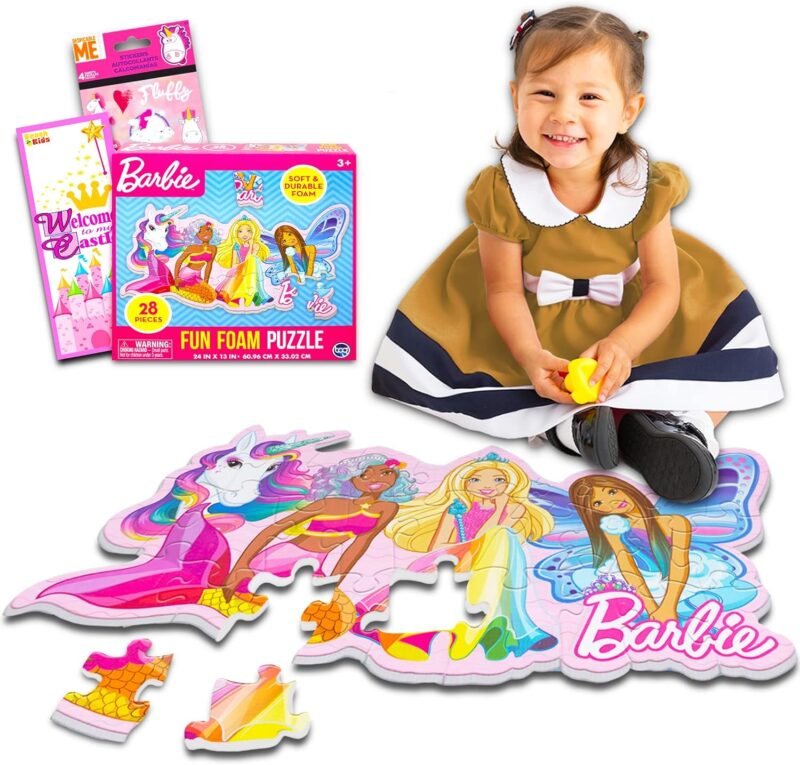 Hasbro Shop Barbie Floor Puzzle for Kids, Girls - Bundle with 28 Pc Barbie and Friends Foam Puzzle Plus Unicorn Stickers and More (Barbie Toys and Games for Toddlers)